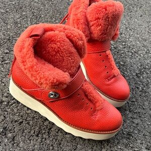 Coach Red Shearling-Trim Platform Winter Boots